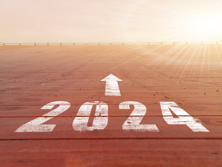 New year 2024. Text of 2024 has written on the ground. Straight forward concept. Keep going to the...