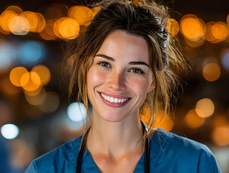 A kind female nurse in blue scrubs with a stethoscope smiles at the camera.の素材