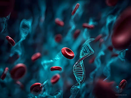 Red blood cells and DNA float in a vibrant biological fluid.の素材