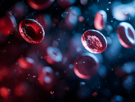 Detailed red blood cells float and circulate within the bloodstream.の素材