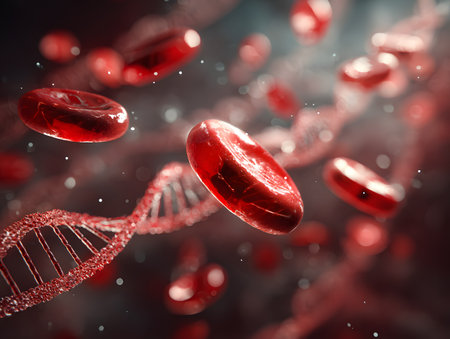 Red blood cells and DNA strands flow through the body.の素材