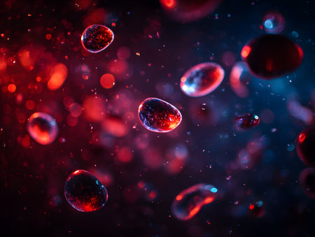 **Red and blue light particles glow and drift in the dark.**の素材