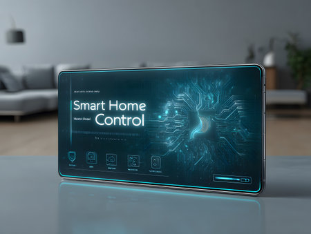 A glowing smart home control interface is shown on a tablet in a modern living room.の素材
