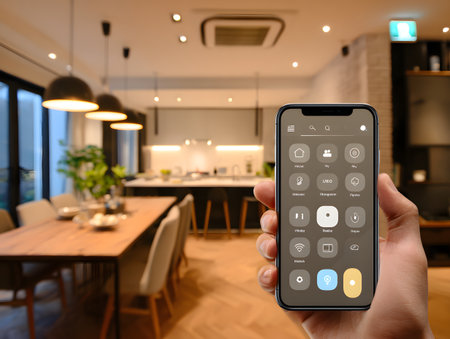 A hand holds a smartphone controlling lights in a modern smart home kitchen and dining area.の素材