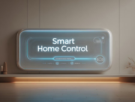 The sleek smart home control panel glows with bright blue light on a modern wall.の素材