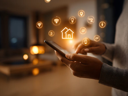**Hands hold a phone, controlling smart home devices shown by glowing wireless symbols.**の素材