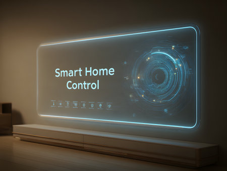 A futuristic screen displays Smart Home Control in a modern living space.の素材