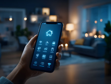 A hand holds a smartphone with a glowing smart home app to control the entire house.の素材