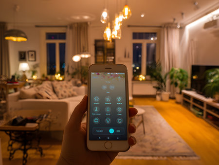 Hand holds a smartphone using a smart home app to control lighting in a cozy room.の素材