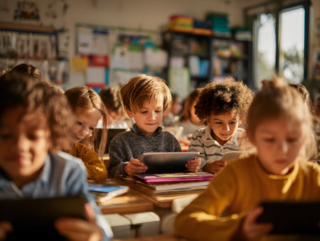 A classroom filled with smiling children all concentrating on their own tablet screens.の素材