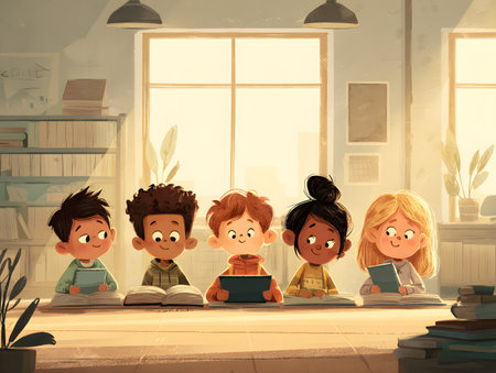 Five diverse young children are happily reading books together at a bright classroom.の素材