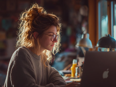 A young woman with curly hair and glasses works on her laptop at home.の素材