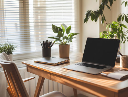 Sunlight through window blinds brightens a laptop and plants on a home desk.の素材