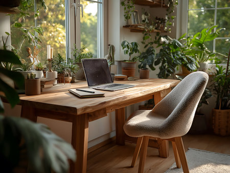 Sunlight streams into a green home office with a wooden desk, laptop, and cozy chair.の素材