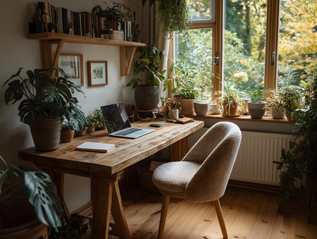 Sunlight streams into a cozy plant-filled home office with a wooden desk, laptop, and comfy chair.の素材