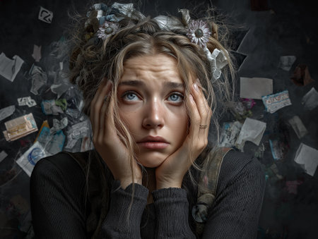 A distressed young woman holds her face looking at you surrounded by scattered trashの素材