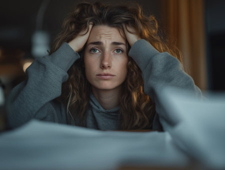 A worried woman with curly hair holds her head in her hands looking at the viewerの素材