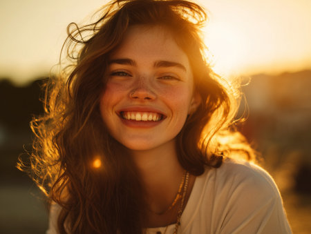 A cheerful young woman with long hair smiles widely in warm golden sunset lightの素材