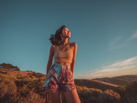 A happy young woman smiles looking up at the clear sky during a golden sunsetの素材