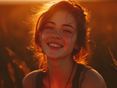 A young woman smiles brightly in a sunlit field with her hair glowing at sunsetの素材