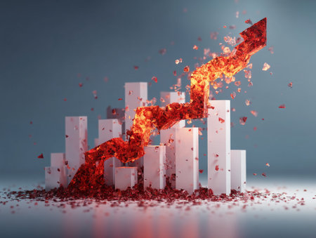 A bold red arrow breaking apart shoots up from a white bar graph showing growthの素材