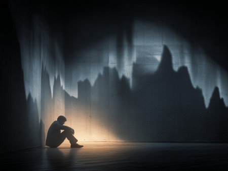 A man sits dejected as shadows of a market crash appear on the dark wallの素材