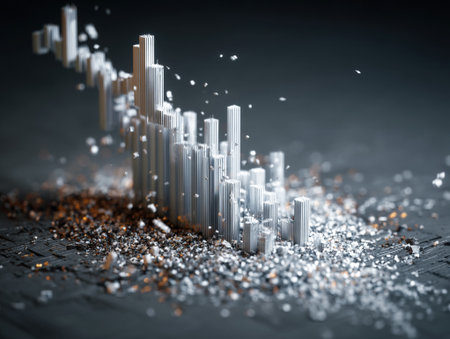 Abstract silver bars form a rising graph with scattered luminous fragmentsの素材