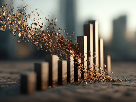 Data bars break apart into dust and debris showing a severe market declineの素材