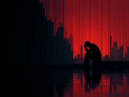 A man sits sadly with his head in his hands against a red falling chartの素材