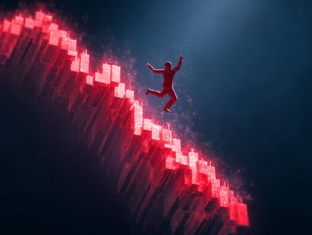 A person shining red leaps powerfully from a sharp declining market graph defying the fallの素材