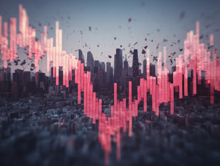 Red data bars descend over a city showing financial decline with breaking debrisの素材