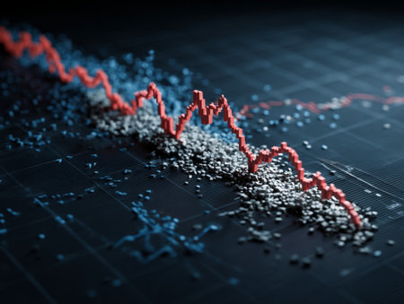 A red line on a financial chart shows a sharp market decline with scattered broken data pointsの素材