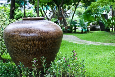 Landscaping with a fountain jar. For the seasonの写真素材
