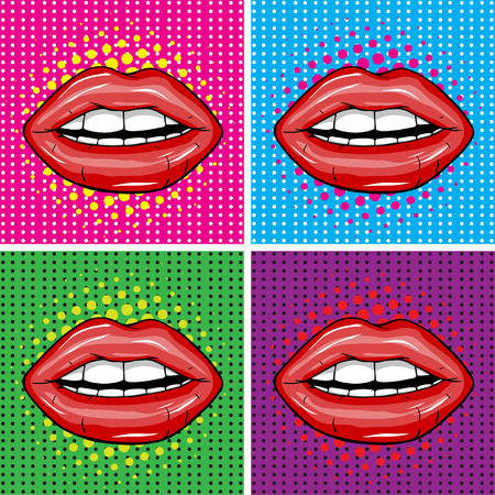 Sexy wet red lips with teeth pop art set backgrounds のイラスト素材