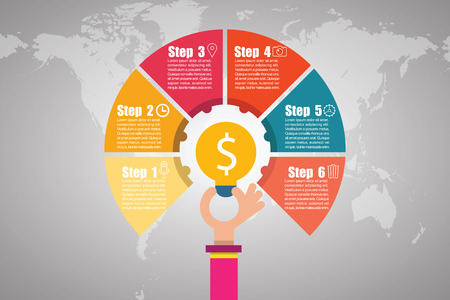 Circular vector infographic has 6 business start-up concepts with mobile light bulbs that are making money. Illustrator Eps 10のイラスト素材
