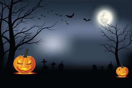 Halloween background vector with orange pumpkin lantern, full moon and bat silhouette style. illustrator Vector Eps 10.のイラスト素材