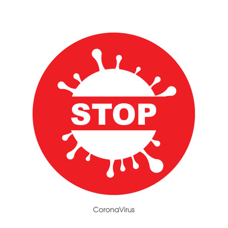 Vector illustration of stoppage sign with virus inside, stop symbol with coronavirus, prohibition sign with covid 19, Stop Virus logo, red and white isolated.のイラスト素材