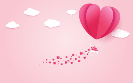 illustration of love and valentine day, made hot air balloon flying with heart float on the sky.paper art and digital craft style.のイラスト素材