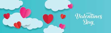 Banner with blue sky and paper cut clouds. Place for text. Happy Valentine's day sale header or voucher template with hearts. Illustrator Vectorのイラスト素材