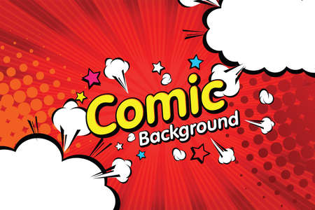 Retro comic background halftone dots, with cloud cartoon pop art style. Vector illustration on redのイラスト素材