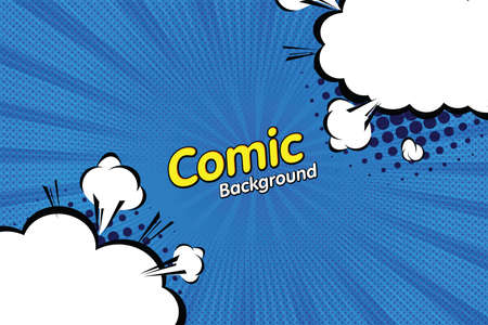 Retro comic background halftone dots, with cloud cartoon pop art style. Vector illustration on blue