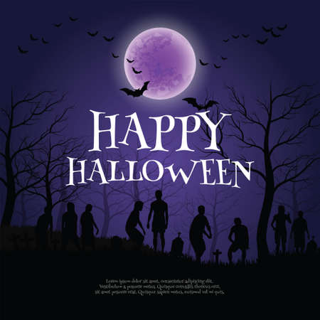 crowd of hungry zombies in the woods. Silhouettes of scary zombies walking in the forest at night. Spooky forest with full moon and grave.のイラスト素材