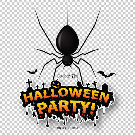 Happy Halloween card with spiders on the transparent background. Creepy background for Halloween. Vector illustration.のイラスト素材