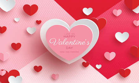 Valentine's day in paper style with heart shapes with hearts and words i love you now and forever...