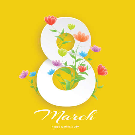 International Women's Day Celebration Background 8 March Number 8 Paper Cut Style Art There are colorful flowers around the numbers. on the yellow background For posters, brochures, banners, websites.のイラスト素材