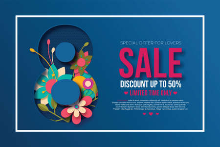 8 March sale 8 March greeting card for International Womens Day. 3d paper cut number 8 with paper cut style flowers , Blue turquoise background. Vector illustration.のイラスト素材