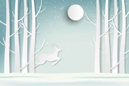 Deer jumping in the forest in the midst of the falling snow. vector paper art and digital craft style.のイラスト素材
