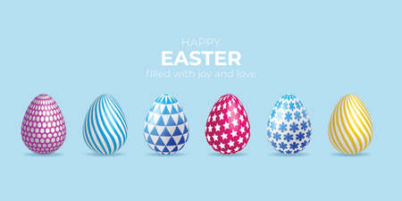 Vector six easter eggs various patterns on light blue background, happy easter, full of happiness...