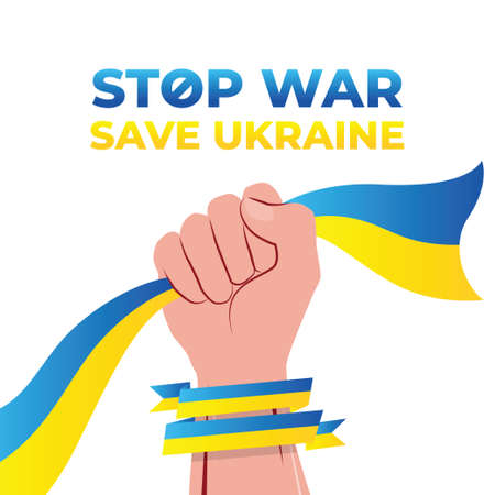 Save Ukraine, Stop War. Background vector illustration of raising hand with Ukraine Flag as demonstration acts for defending ukraine against Russia attacks.Pray for Ukraine, Solidarity with Ukrainiansのイラスト素材