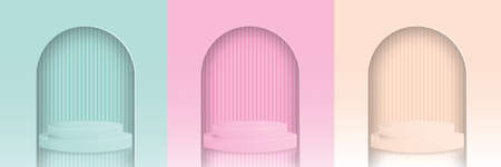 Set of green,pink, blue realistic 3d stand podium in arch window. Vector abstract studio room with geometric platform. Minimal wall scene for products showcase, Promotion display.のイラスト素材